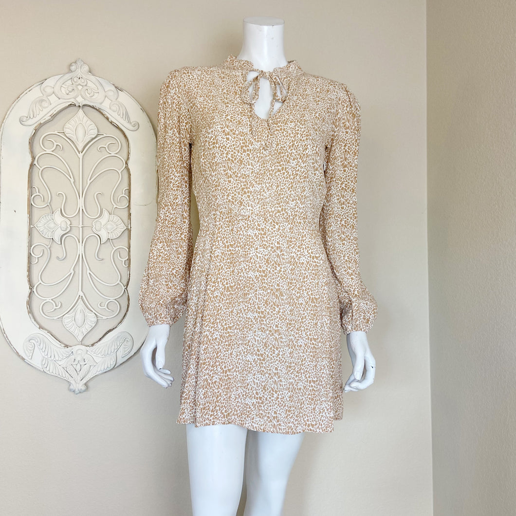 Anthropologie | Womens Rue Stiic Gold and Cream Animal Print Tie Neck Long Sleeve Dress | Size: S