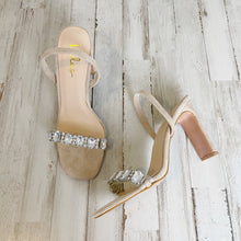 Load image into Gallery viewer, Lulu&#39;s | Womens Nude Faux Suede and Rhinstone Slingback Linden Heels | Size: 9
