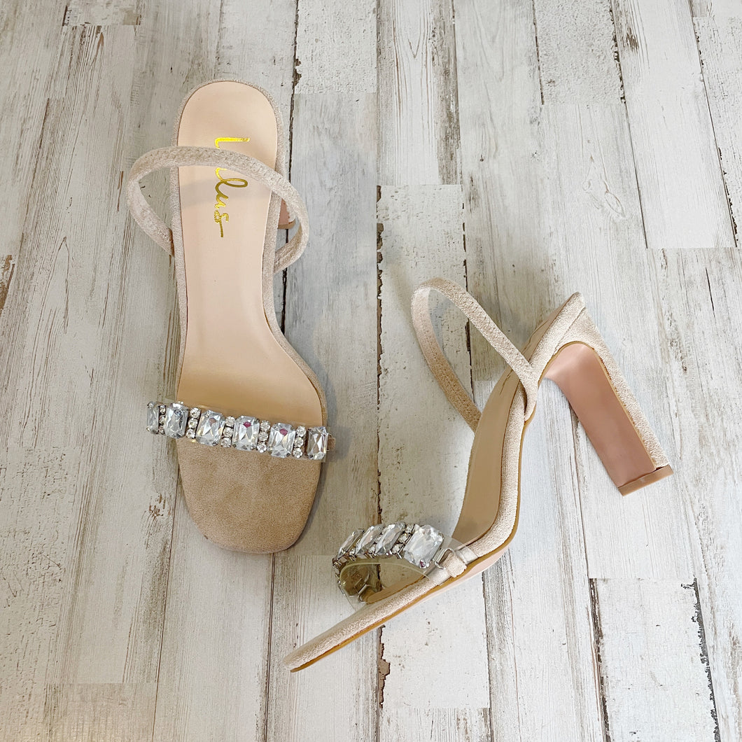 Lulu's | Womens Nude Faux Suede and Rhinstone Slingback Linden Heels | Size: 9
