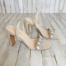 Load image into Gallery viewer, Lulu&#39;s | Womens Nude Faux Suede and Rhinstone Slingback Linden Heels | Size: 9
