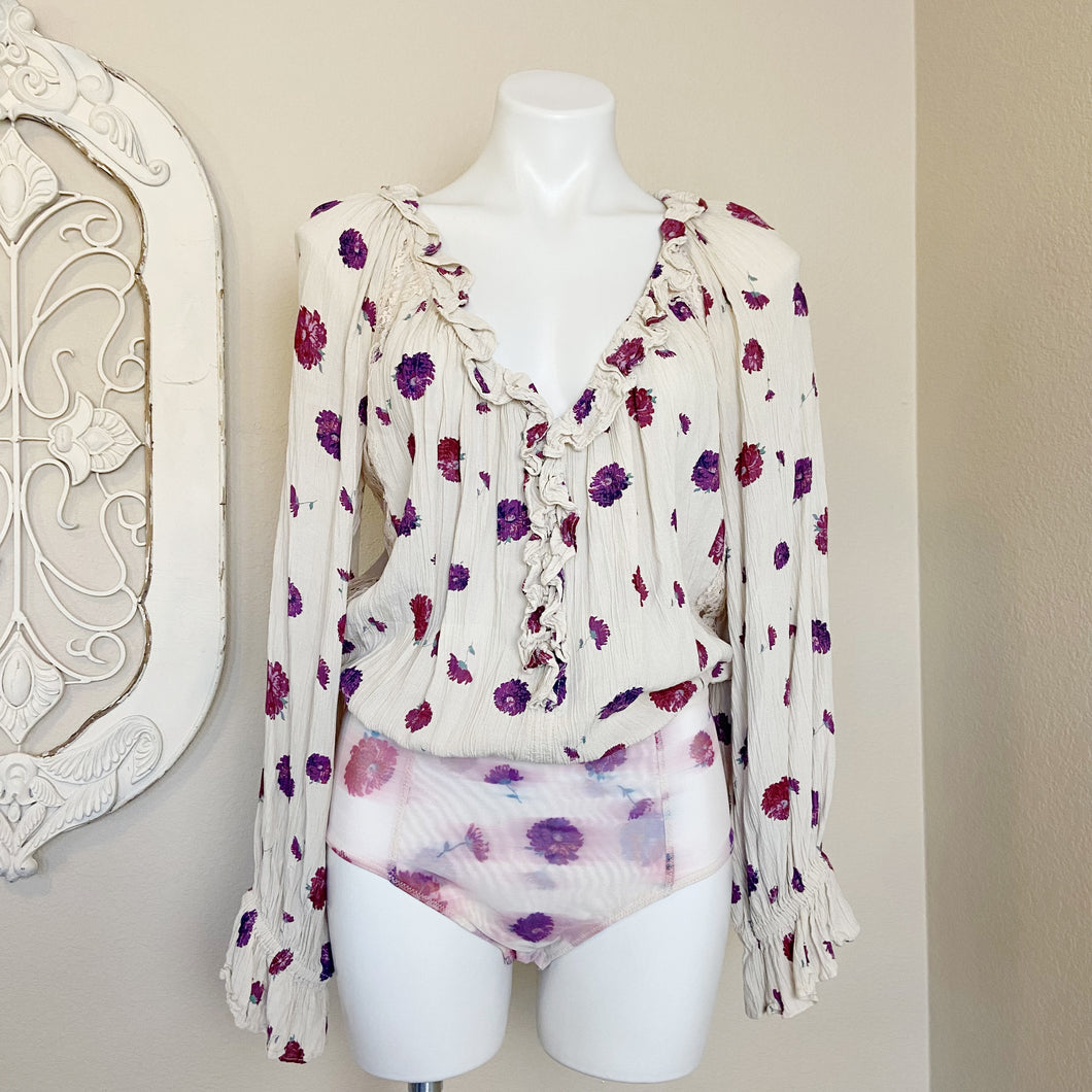 Free People | Womens Cream and Purple Poppy Print and Lace Long Sleeve Bodysuit | Size: M