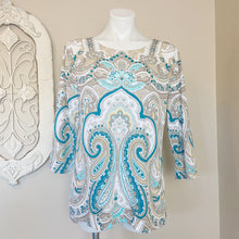 Load image into Gallery viewer, Chico&#39;s | Womens Brown and Teal Paisley Print 3/4 Sleeve Top | Size: M
