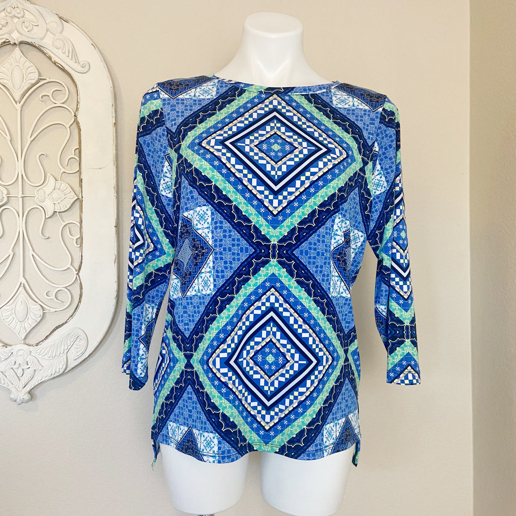 Chico's | Womens Blue and Green Pattern 3/4 Sleeve Top | Size: M