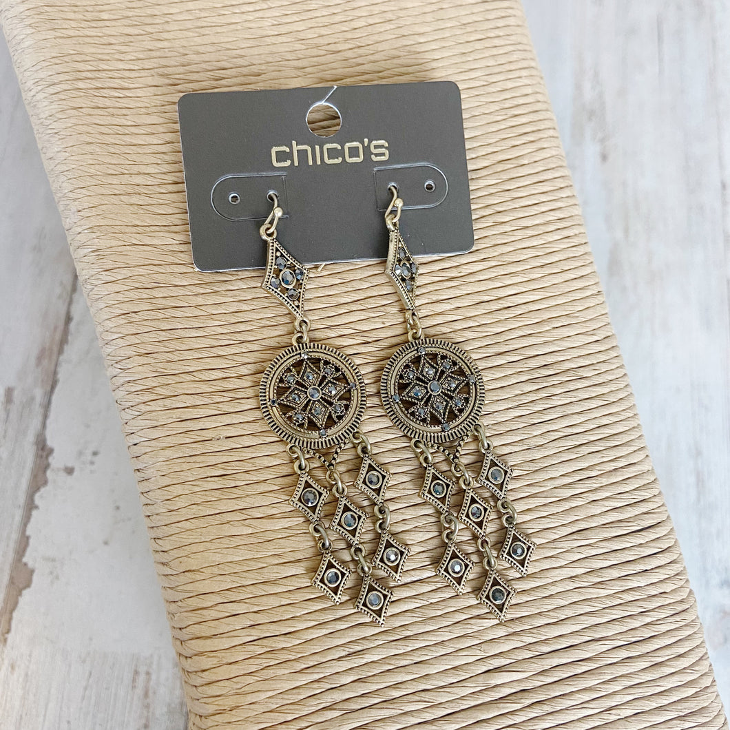 Chico's | Women's Gold and Rhinestone Circle Briar Drop Earrings with Tags