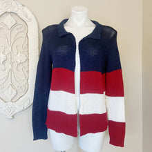 Load image into Gallery viewer, Wooden Ships | Womens Navy, Red &amp; White Open Front Striped Knit Cardigan Sweater | Size: S
