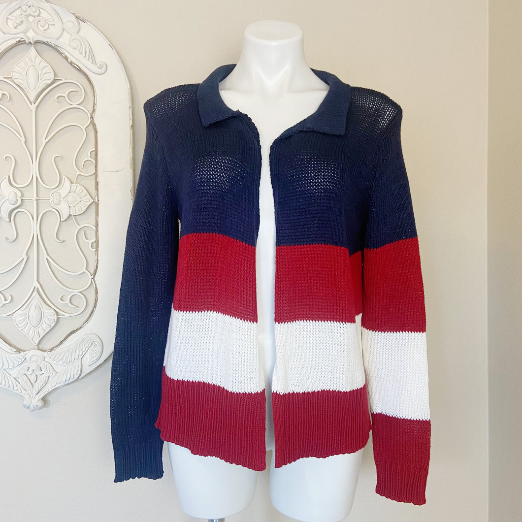 Wooden Ships | Womens Navy, Red & White Open Front Striped Knit Cardigan Sweater | Size: S