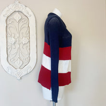 Load image into Gallery viewer, Wooden Ships | Womens Navy, Red &amp; White Open Front Striped Knit Cardigan Sweater | Size: S
