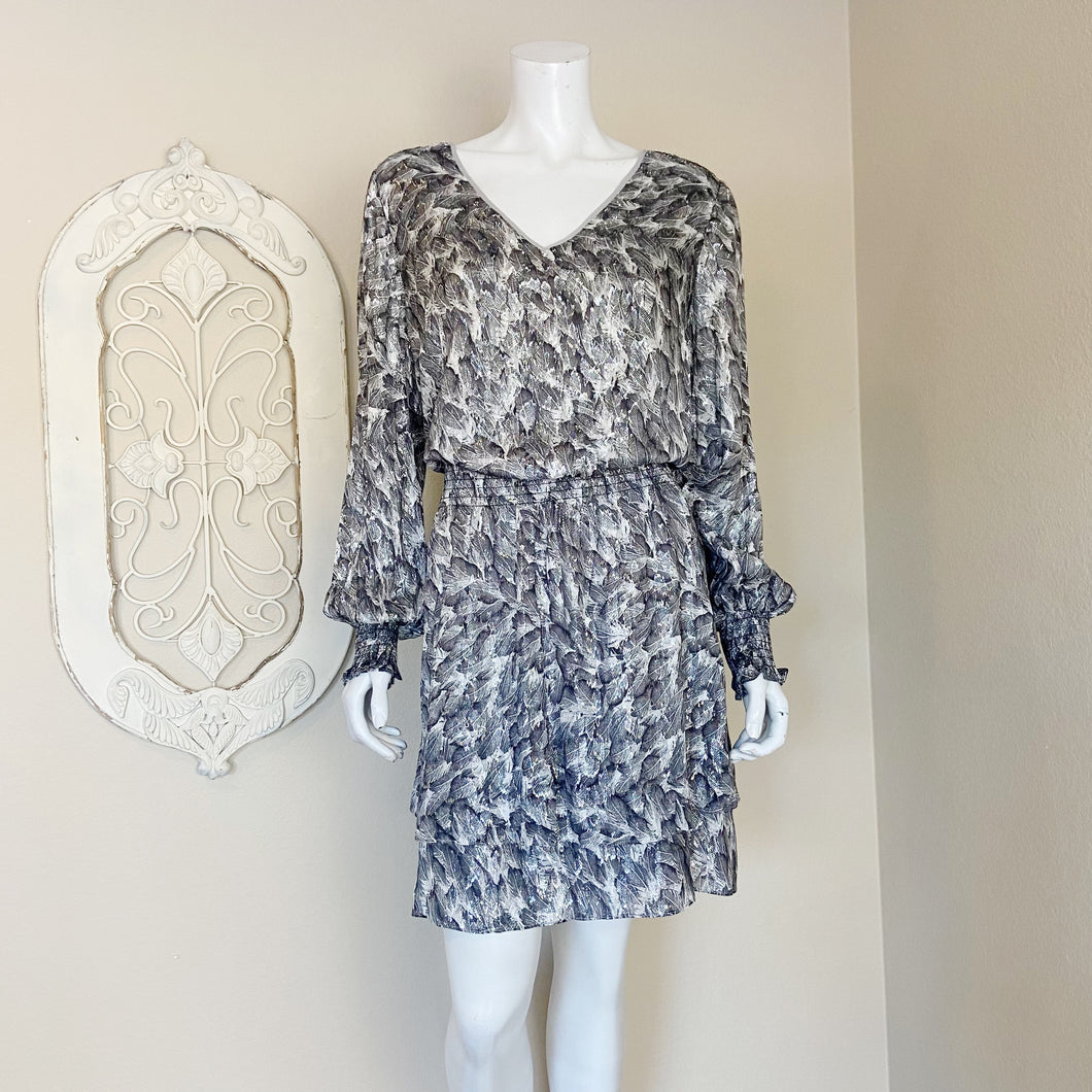 White House Black Market | Women's Silver and Black Metallic Feather Print Long Sleeve Smock Dress with Tags | Size: L