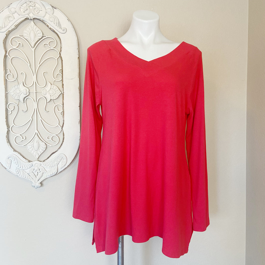 Soft Surroundings | Womens Pink Ribbed Long Sleeved V Neck Tunic Top | Size: L