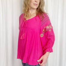 Load image into Gallery viewer, Easel | Women&#39;s Bright Pink Embroidered Sleeve Tie Front Top with Tags | Size: M
