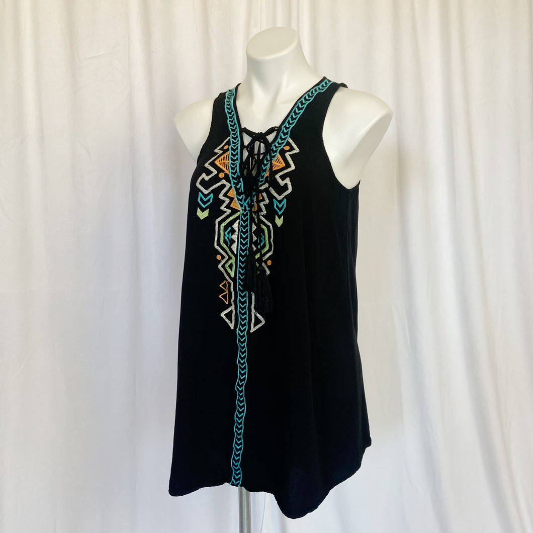 Flying Tomato | Women's Black Embroidered Tribal Tank Tunic Top | Size: M