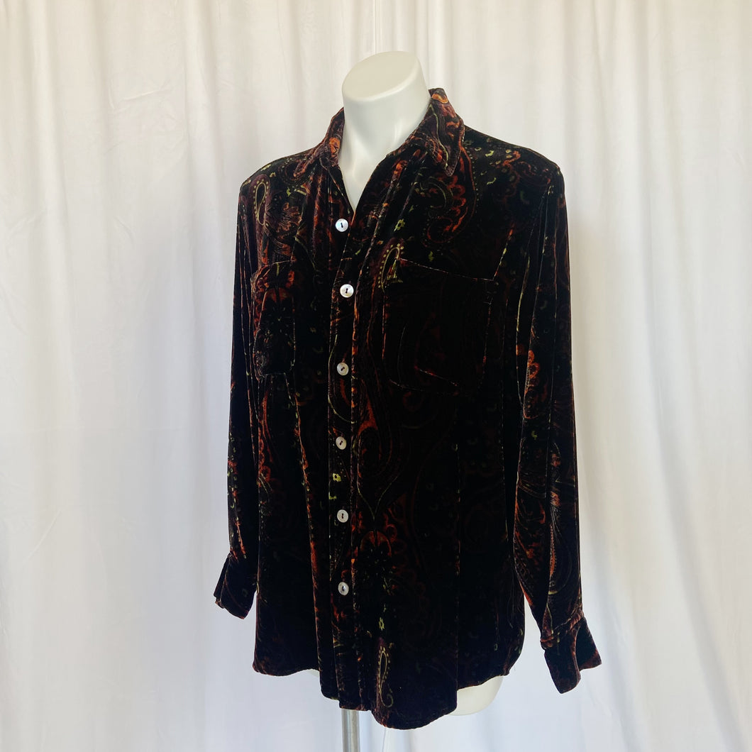 Chico's | Women's Vintage Black and Burgundy Velour Paisley Print Button Down Long Sleeve Top | Size: M