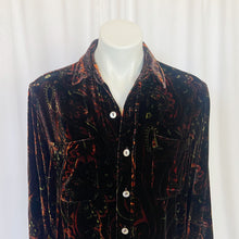 Load image into Gallery viewer, Chico&#39;s | Women&#39;s Vintage Black and Burgundy Velour Paisley Print Button Down Long Sleeve Top | Size: M

