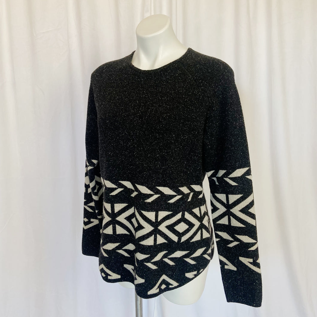Title Nine | Women's Dark Gray and Cream Tribal Print Wool Blend Pullover Sweater | Size: L