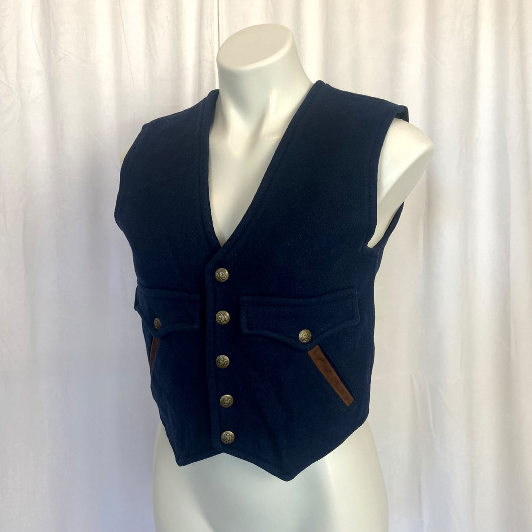 Schaefer Outfitter | Navy Blue Wool Blend Snap Front Western Vest | Size: XS