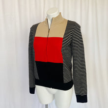 Load image into Gallery viewer, St. John | Women&#39;s Tan, Red and Black Wool Colorblock Zip Up Cardigan Sweater | Size: S
