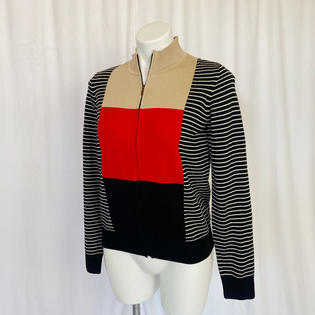 St. John | Women's Tan, Red and Black Wool Colorblock Zip Up Cardigan Sweater | Size: S