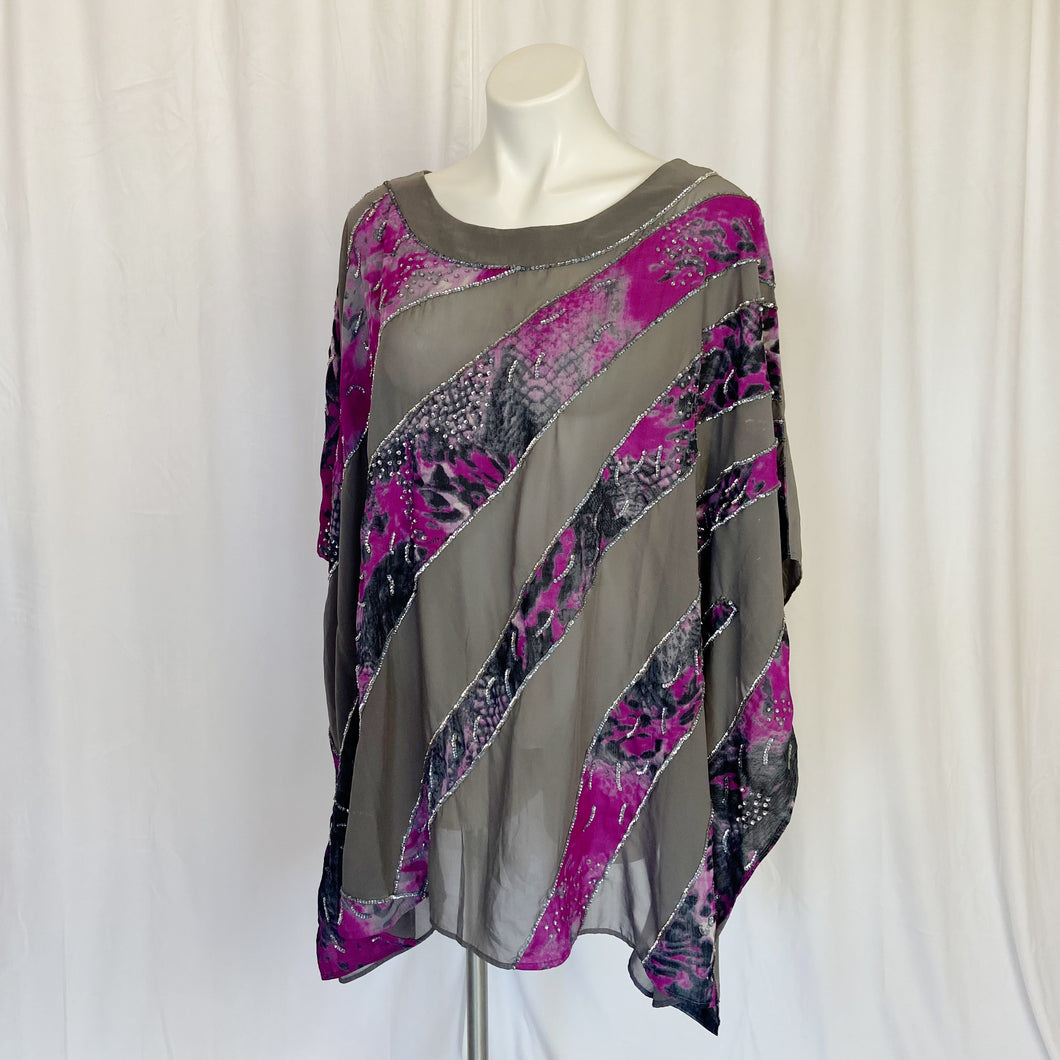 Chico's | Women's Gray and Purple Amalie Shimmer Scoop Neck Sheer Sequin Poncho with Tags | Size: L/XL