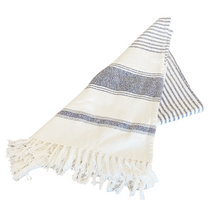 Load image into Gallery viewer, Max Studio | Navy Blue and White Cotton Boho Stripe Tassel Throw Blanket
