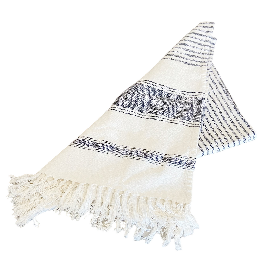 Max Studio | Navy Blue and White Cotton Boho Stripe Tassel Throw Blanket