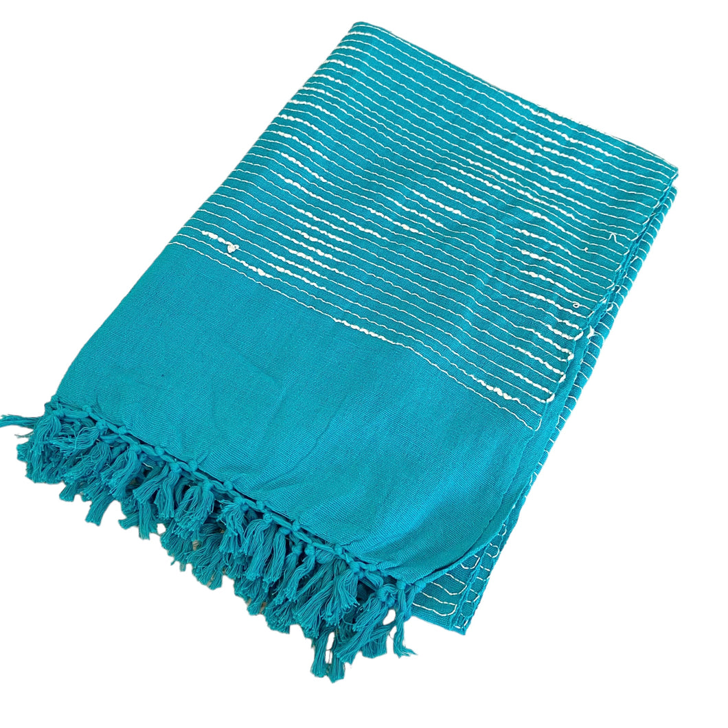 Kharma Living | Teal and White Embroidered Stripe Cotton Throw Blanket