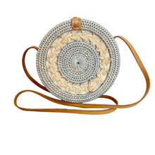 Load image into Gallery viewer, Women&#39;s Light Gray and Camel Straw Round Woven Crossbody Bag
