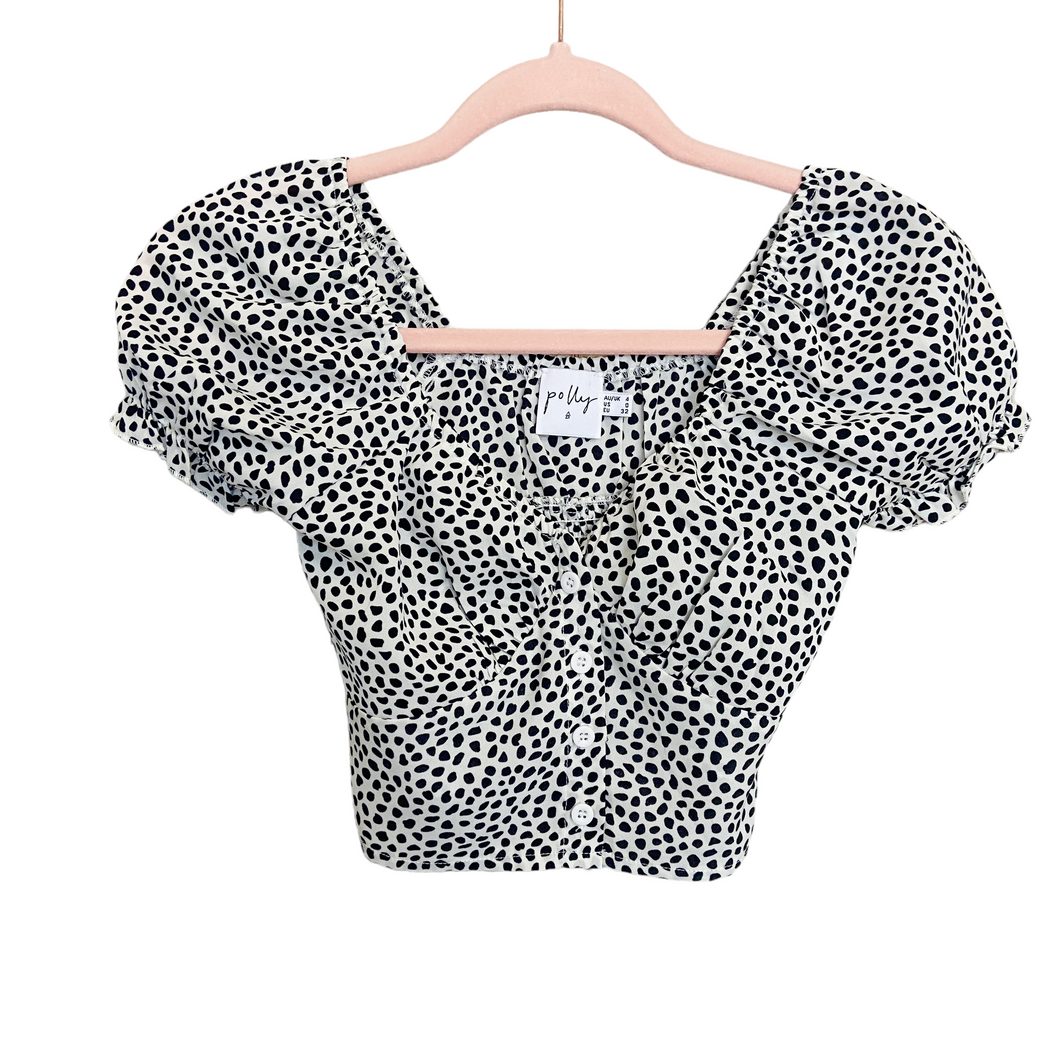 Polly | Women's White and Black Animal Print Short Sleeve Crop Top | Size: 0