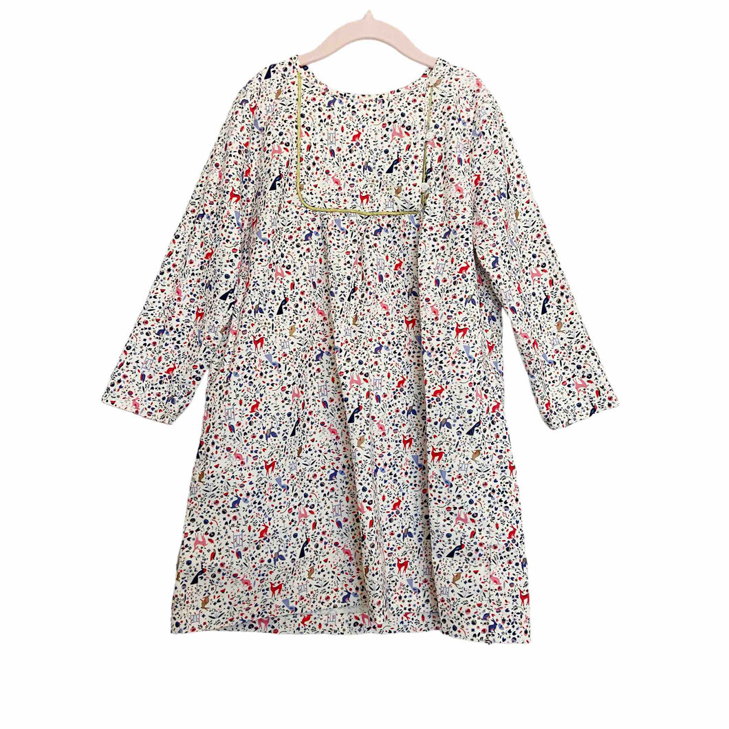 Egg by Susan Lazar | Girl's Bunny and Deer White Print Corduroy Long Sleeve Dress | Size: 8Y