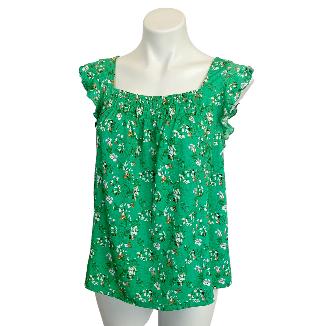 Melloday | Women's Green Floral Print Ruffle Short Sleeve Top | Size: S