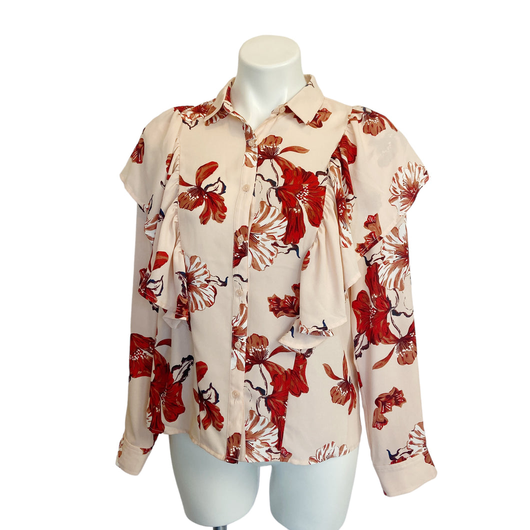 Leith | Womens Pink & Red Floral Print Long Sleeved Button Down Blouse | Size: S