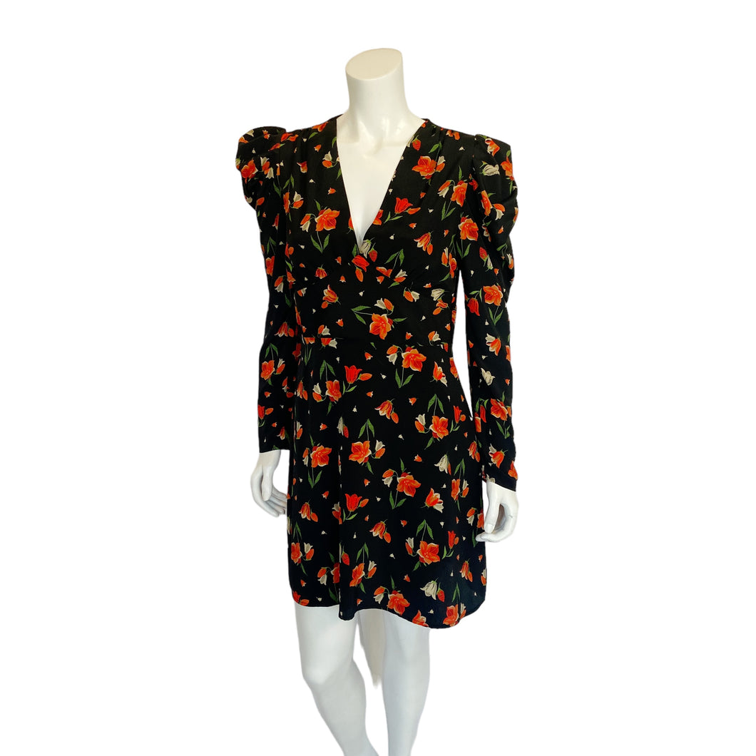 Top Shop | Women's Black and Red Floral Print Puff Sleeve Dress | Size: 8