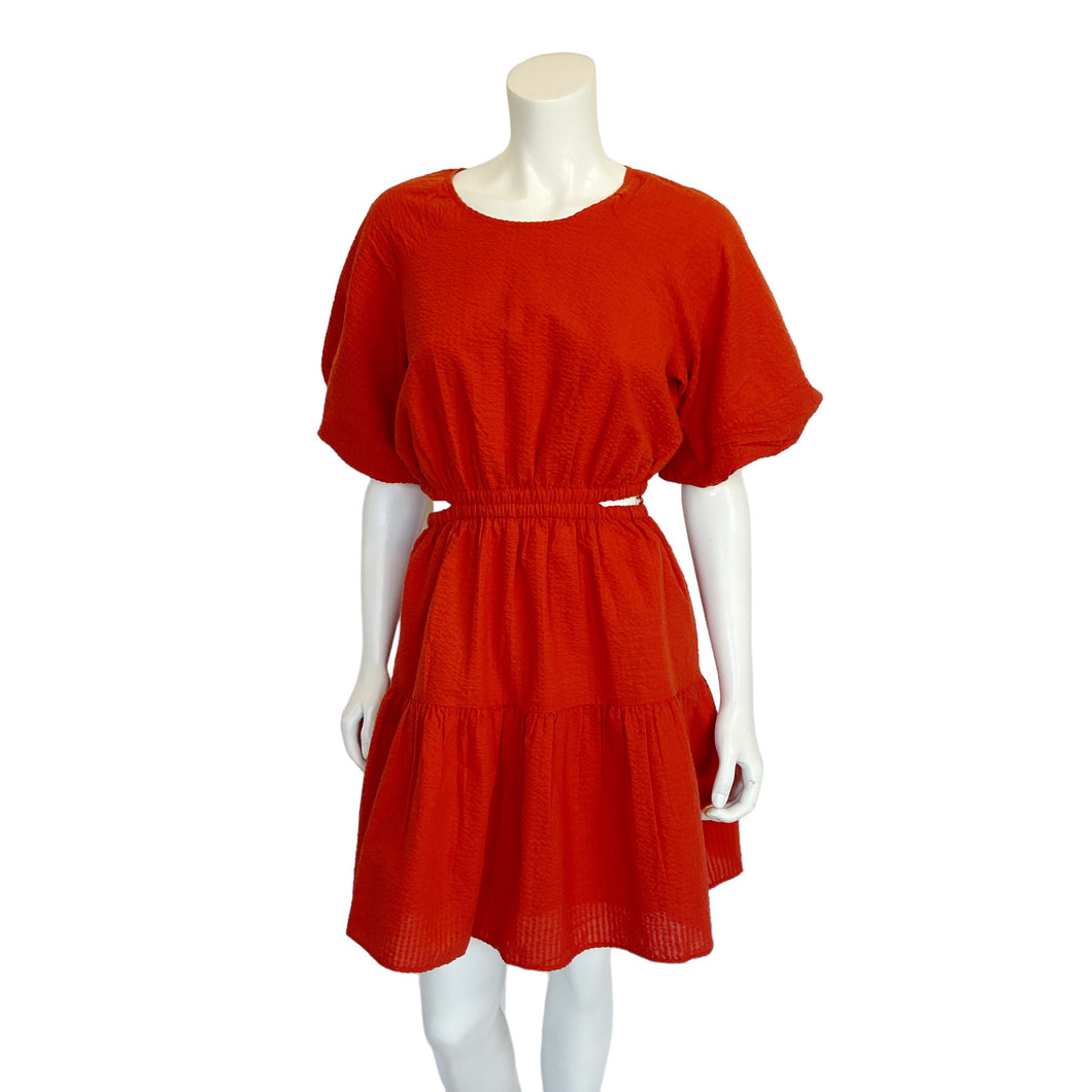 Madewell | Women's Rust Seersucker Puff-Sleeve Cutout Mini Dress | Size: S