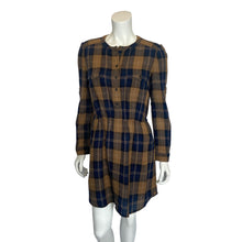 Load image into Gallery viewer, Womens Navy Blue &amp; Tan Plaid Wool Blend Long Sleeved Mini Dress | Size: M
